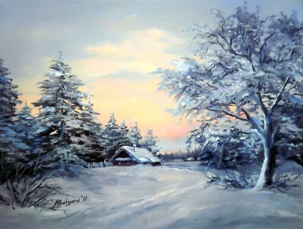 Зимний пейзаж с избой