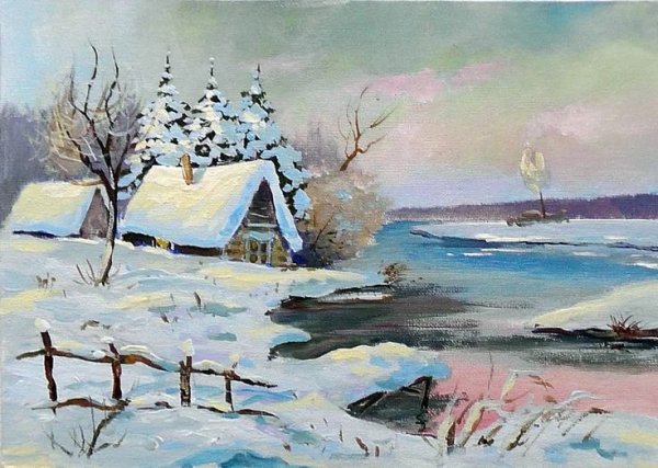 Зимний пейзаж цветными карандашами