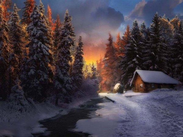 Зима акварель деревня