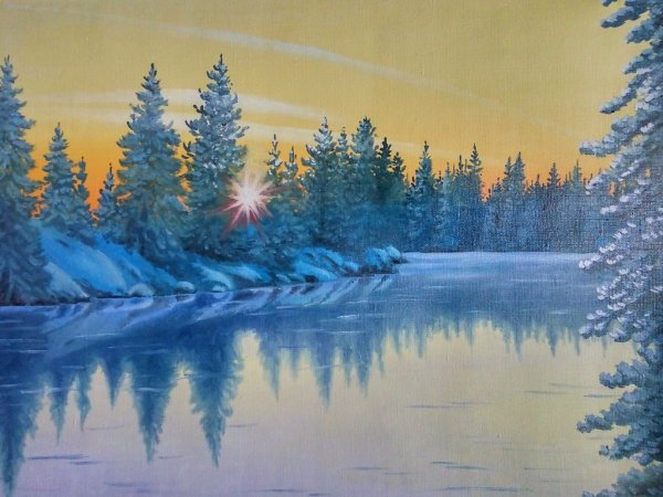 Зимний закат маслом на холсте