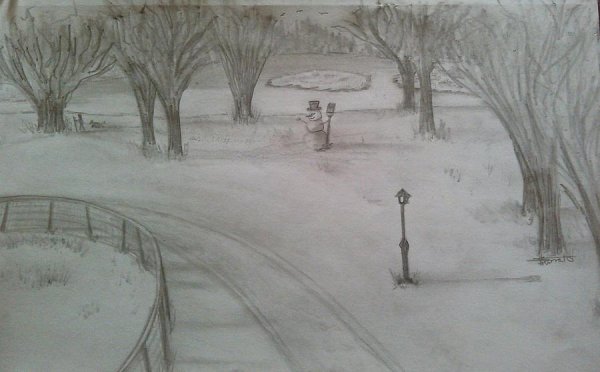 Зимний городской парк карандашом