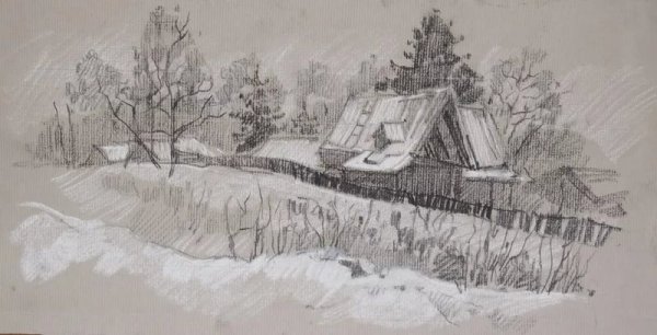 Зимний пейзаж гравюра