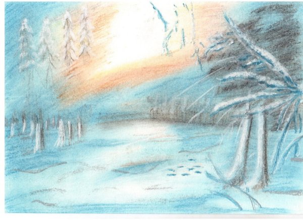 Зимний пейзаж мелками для детей
