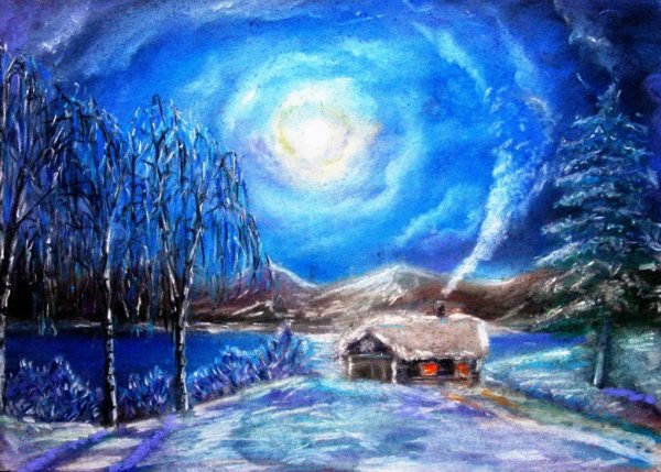 Зимний пейзаж цветными карандашами