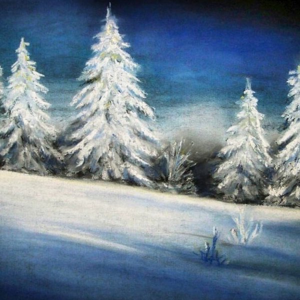 Зимний пейзаж цветными карандашами