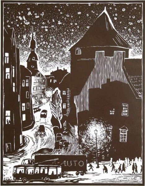 Линогравюра зима в городе