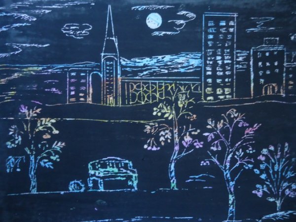 Техника рисования граттаж ночной город