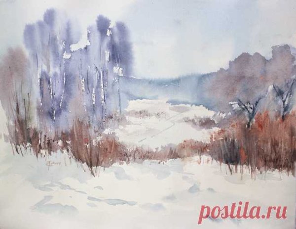 Зимний пейзаж акварель по сырому