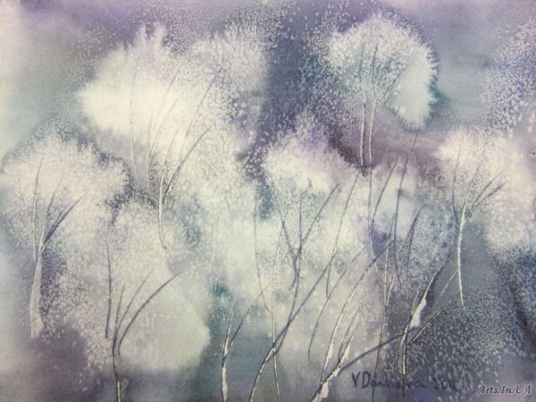 Закат зимой акварель