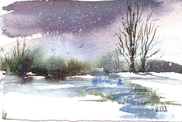 Зимний пейзаж акварель по сырому