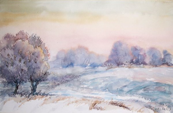 Акварель по сырому зима