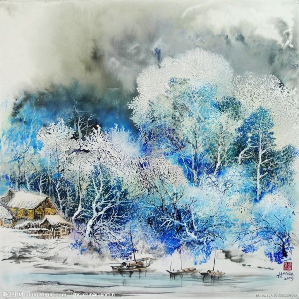 Зимний пейзаж акварелью по мокрому