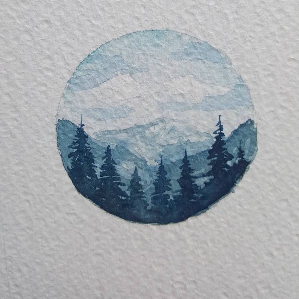 Акварельный пейзаж в круге