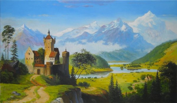 Замок у озера гуашь