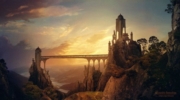 Замок на скале с мостом