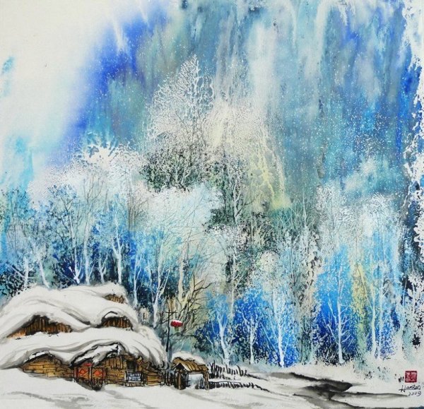 Акварель с солью зима