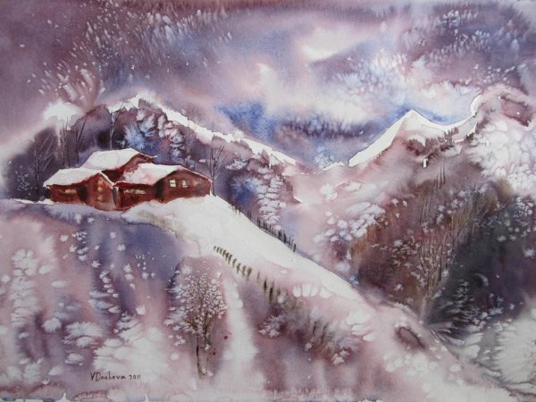 Новогодний пейзаж акварелью для детей