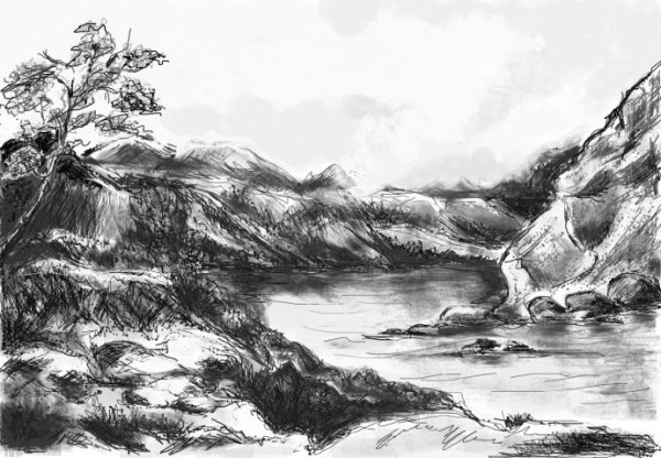 Речной пейзаж карандашом