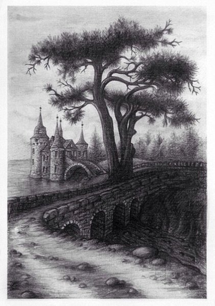 Пейзаж черным карандашом