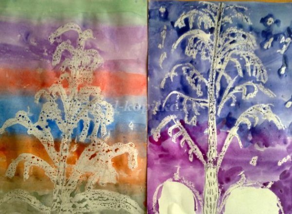 Рисование восковыми мелками и акварелью зима