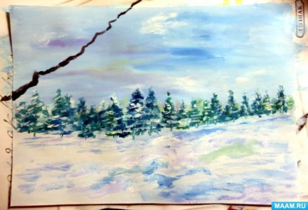 Зимние мотивы акварель и восковые мелки