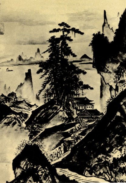 Сэссю пейзаж с гиббонами