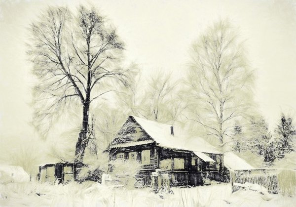 Домик в горах карандашом