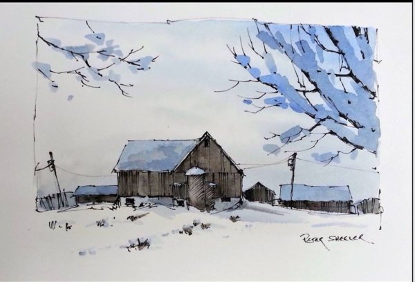 Деревенский пейзаж в графике