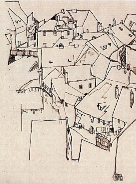 Эгон Шиле дома с пестрым бельем