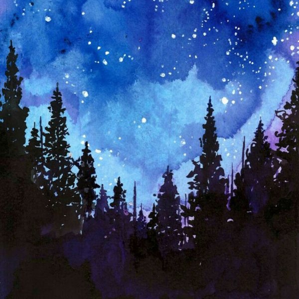 Ночной зимний пейзаж акварелью