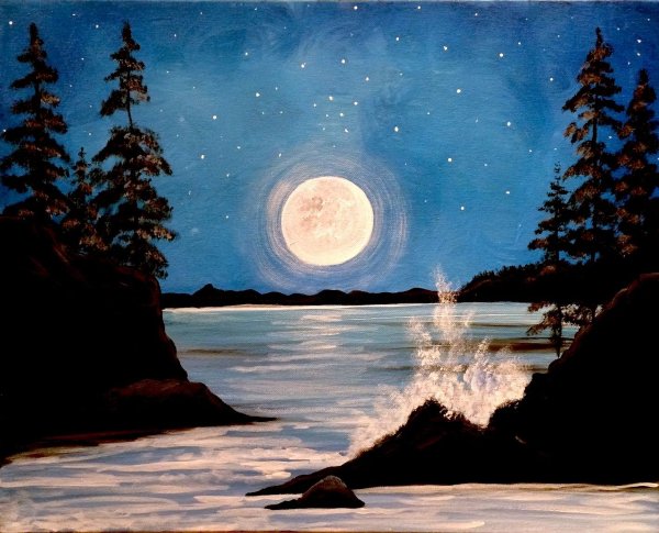 Ночной зимний пейзаж гуашью