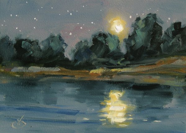 Лес ночью акварелью