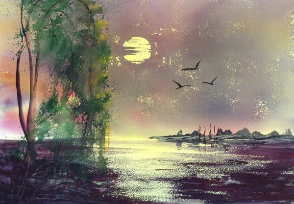 Лунный пейзаж акварелью