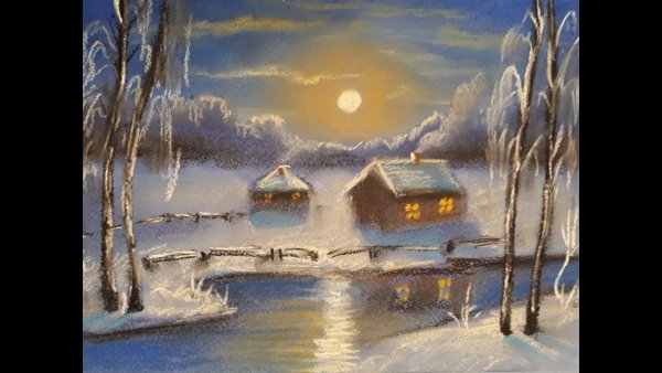 Зимний ночной пейзаж пастелью