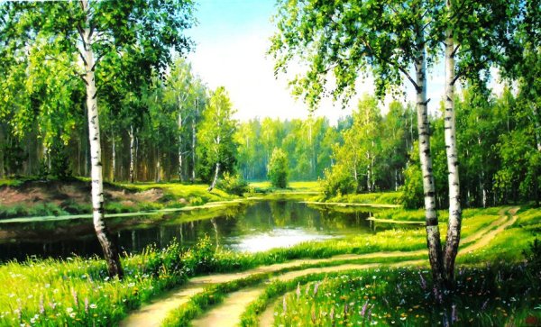 Пейзаж береза Березовая роща озеро