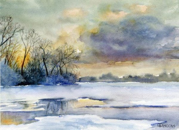 Снежный пейзаж акварелью