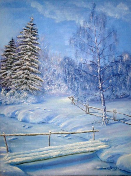 Пейзаж зима в деревне гуашью