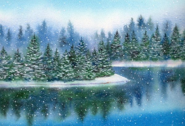 Зимний лес пейзаж акварелью