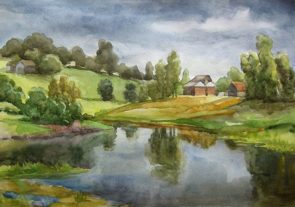 Сельский пейзаж гуашью