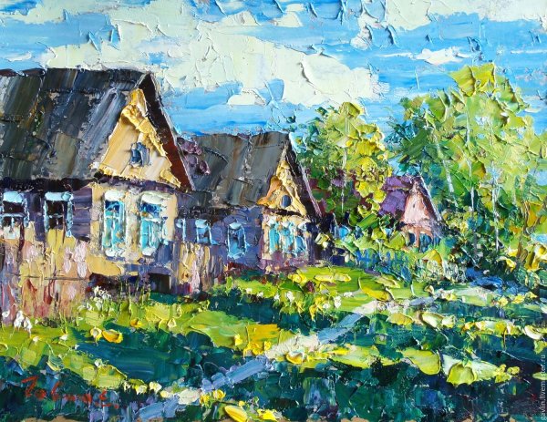 Деревенский пейзаж гуашью