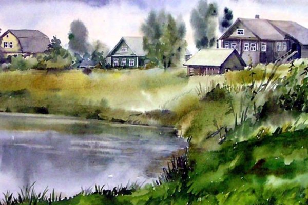 Сельский пейзаж гуашью