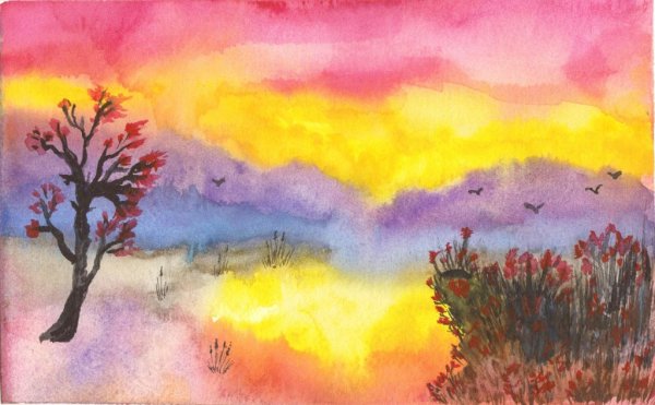 Осенний пейзаж акварелью для детей