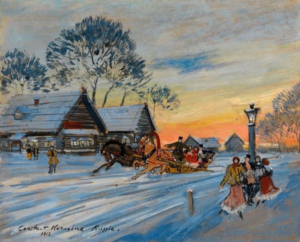 Акварель деревня зимой