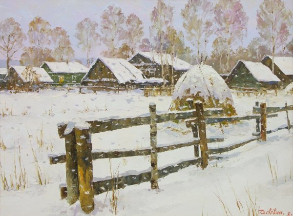 Зима акварель деревня