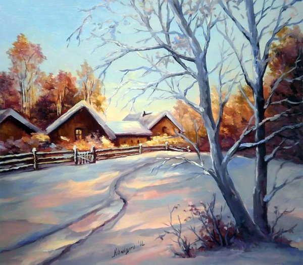 Зимний деревенский пейзаж гуашь