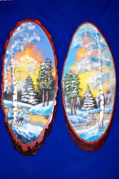 Роспись на срезе дерева