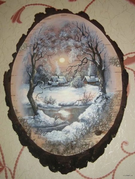 Роспись на срезе дерева