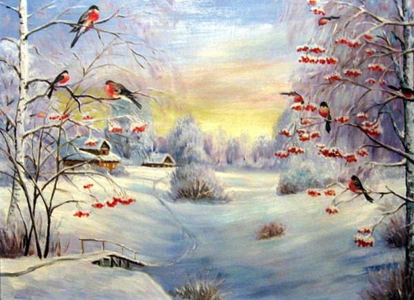 Снегири в зимнем лесу