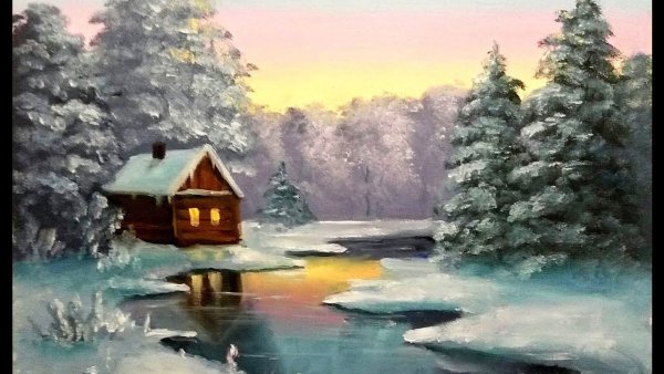 Зимний домик в лесу акварель