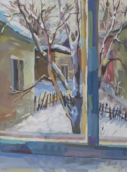 Зимний пейзаж из окна гуашью